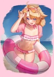 1girl 1girls absurdres ahoge beach bikini blonde_hair blue_eyes blue_sky breasts cleavage commentary english_commentary eyewear_on_head female frilled_bikini frills hair_ornament hairclip heart heart-shaped_eyewear heart_hair_ornament highres indie_virtual_youtuber lazik_1337 legs looking_at_viewer medium_hair navel open_mouth outdoors pink_bikini pointy_ears sky small_breasts solo standing sunglasses swimsuit thighs tinted_eyewear vershion virtual_youtuber vtuber water yellow-tinted_eyewear