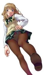 00s 1girls bow bowtie brown_pantyhose crotch_seam dress_shirt female_focus from_below fukudahda hand_on_own_hip hip_focus jpeg_artifacts legs minato_(zegapain) miniskirt panties panties_under_pantyhose pantyhose pantyshot school_uniform serafuku shirt simple_background skirt solo standing sweater sweater_vest underwear upskirt vest zegapain
