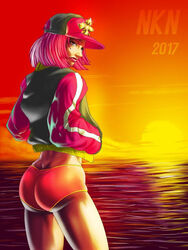 1girls 2010s 2017 ass ass_cleavage baseball_cap booty_shorts breasts butt_crack cap female gym_shorts hot_pants_(jjba) human jojo's_bizarre_adventure light-skinned_female light_skin nkn ocean pink_hair pink_jacket pink_shorts sea short_hair shorts shounen_jump steel_ball_run sunlight sunset tagme tomboy water