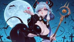 1girl ai_generated bangs bat_(animal) blowing_kiss blue_eyes blue_hair breasts cleavage clothing_cutout decurse demon_girl demon_horns demon_tail full_moon halloween heart holding horns iuno_(wuthering_waves) large_breasts long_hair long_sleeves looking_at_viewer moon navel night night_sky one_eye_closed outdoors puckered_lips shiny sky solo staff tail wuthering_waves