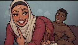 1female 1male ai_generated arabian arabian_female bending_over dark-skinned_male easy_access foreplay hijab hijabi horny milf muslim orphvn slut smile smug_face teasing