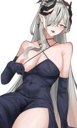 1girl absurdres atheru bare_shoulders black_dress black_gloves black_horns blue_archive blue_eyes blush breasts clothes_pull covered_navel criss-cross_halter demon_girl demon_horns dress dress_pull earrings elbow_gloves gloves gradient_hair gradient_horns grey_hair hair_over_one_eye halter_dress halterneck high_ponytail highres horns jewelry large_breasts long_hair looking_at_viewer makoto_(blue_archive) makoto_(dress)_(blue_archive) multicolored_hair multicolored_horns multiple_horns nipples open_mouth pink_hair pointy_ears ponytail red_horns side_slit simple_background sitting solo streaked_hair very_long_hair white_background
