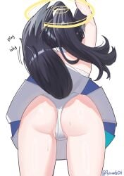 1girls arms_up artist_name ass ass_focus bare_legs black_hair blue_archive blush cheerleader cheerleader_uniform dog_ears dog_girl dog_tail halo hibiki_(blue_archive) hibiki_(cheerleader)_(blue_archive) long_hair pyruvate sweat upskirt wagging_tail white_panties