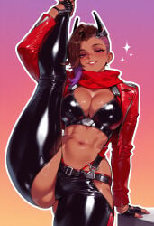1girl 1girls ai_generated arm_support ass_visible_through_thighs asymmetrical_hair balecxi belt biting_own_lip black_gloves black_pants blush breasts brown_hair chaps cleavage clothing cropped_jacket curvaceous curvaceous_female curvaceous_figure curvy curvy_figure dark-skinned_female dark_skin earrings eyeshadow female female_focus fingerless_gloves flexible footwear gloves gradient_background gradient_hair hip_vent horns inviting inviting_to_sex jacket large_breasts latina latina_female leather leather_jacket leather_pants leg_hold leg_lift leg_up long_sleeves looking_at_viewer makeup mechanical_horns mexican mexican_female midriff mole mole_under_eye multicolored_hair navel official_alternate_costume open_clothes open_jacket overwatch overwatch_2 pants parted_lips presenting presenting_ass presenting_breasts presenting_hindquarters presenting_pussy presenting_self purple_eyes purple_hair red_jacket red_scarf scarf seductive seductive_look seductive_smile shiny_clothes sidecut smile solo sombra split standing standing_on_one_leg standing_split stomach thick_thighs thigh_cutout thighs toned two-tone_hair undercut voluptuous voluptuous_female