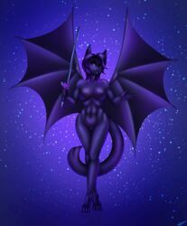 2020 4_toes 5_fingers anthro areola breasts digital_media_(artwork) felid feline female fingers genitals hair hi_res mammal membrane_(anatomy) membranous_wings nipples purple_eyes purple_hair pussy shumey solo toes wings