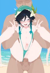ai_art ai_generated anal anal_penetration anal_sex beach beach_background beach_sex blush double_peace double_peace_sign drooling enjoying enjoying_sex eyes_rolled_up femboy feminine_faced_male feminine_male feminized_male flower_hair_ornament full_nelson full_nelson_(legs_held) full_nelson_anal gay_sex genshin_impact homosexual hoyoverse light-skinned_femboy loving_it male_on_femboy male_penetrating_femboy mihoyo otokonoko outdoor_sex peace_sign petite petite_body petite_femboy revealing_bikini revealing_swimsuit slingshot_bikini slingshot_swimsuit small_penis tomgirl venti_(genshin_impact)