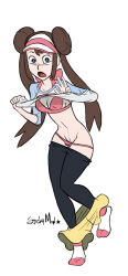 1girl artist_name black_legwear blue_eyes bra breasts brown_hair clothes_lift clothes_pull double_bun full_body legwear_under_shorts long_hair medium_breasts navel open_mouth panties panty_pull pantyhose pantyhose_pull pink_bra pink_panties pokemon raglan_sleeves rosa_(pokemon) shirt_lift shorts shorts_pull single_hair_bun socks solo stickymon twintails underwear undressing visor_cap yellow_shorts