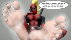1girls 3d barefeet barefoot belt black_toenails blonde_female blonde_hair breasts clothed clothed_female comic_book_character dialogue edit feet female_only foot_fetish foot_focus katana kombatkatto lady_deadpool ladypool light_skinned_female long_hair marvel marvel_comics mask masked_female musk painted_toenails ponytail skintight skintight_bodysuit smell smelly_feet soles solo solo_female source_filmmaker source_filmmaker_(artwork) steam steamy straps suit swords text text_bubble tight_clothing toes voluptuous voluptuous_female wanda_wilson white_eyes x-men
