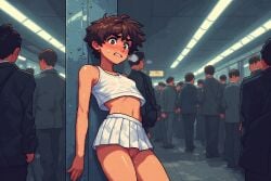 ai ai-created ai_generated blushing brown_hair exposed_pussy flat_chest nervous no_panties no_underwear pixel_art public skirt