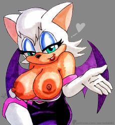 alternate_hairstyle anthro beckoning big_breasts breasts breasts_out brown_nipples emerald_eyes fangs female green_eyes huge_breasts large_breasts legs_crossed looking_at_viewer makeup nipples rouge_the_bat solo thick_thighs topless wide_hips xxxhibiki