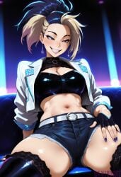 1girl ai_generated akali akali_(league_of_legends) akali_kda alternate at belt black blonde blue breasts cleavage clothes clothing costume crop cropped cutoffs cutout denim ear earrings eyes eyeshadow fingerless gloves grin hair jacket jewelry k/da_all_out_series k/da_series large league_of_legends legs lipstick looking makeup midriff multicolored nail nails navel official open piercing polish ponytail reviaiart short shorts sitting smile solo spread stomach teeth thighhighs thighs top two-tone viewer white