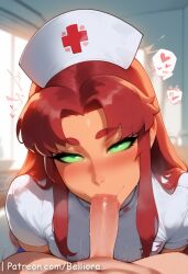 1boy 1girls ai_generated ass ass_grab big_ass big_breasts blowjob blush breast_grab breasts clothes clothing cute cute_face dc dc_comics duo female female_focus green_eyes large_ass large_breasts light-skinned_female light_skin looking_at_viewer male nipples open_mouth penis penis_in_mouth pink_nipples pussy red_hair sexy sexy_body sexy_female short_hair starfire teen_titans younger_female