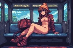 1female 1girl 1girls ai_generated bottomless bottomless_female brown_hair casual_nudity jacket_open pixel_art shoes shoes_only shoes_without_bottomwear