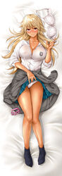 absurdres blonde_hair bra bra_removed brass_knuckles cardigan commentary_request copyright_request dakimakura feet female highres long_hair nipples okumori_boy panties pleated_skirt red_eyes school_uniform see-through serafuku skirt smile socks sweater underwear uniform weapon