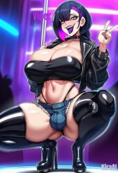 ai_generated black_hair club crop_top futanari latex_clothing original original_character penis_bulge purple_tongue red_eyes