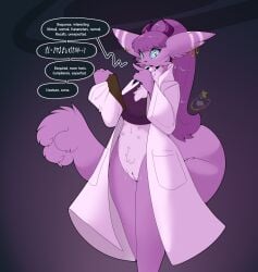 2026 anthro breasts clipboard clothing coat dialogue digital_media_(artwork) ear_piercing ear_ring english_text female fur genitals hair hi_res holding_clipboard holding_object horn lab_coat looking_at_viewer maynara multi_nipple nipples open_mouth piercing prehensile_tail purple_body purple_fur purple_hair ring_piercing simple_background solo species_request standing tail text topwear vulva