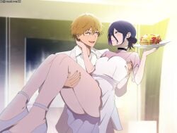 1boy 1girls ass chainsaw_man commission commissioner_upload denji_(chainsaw_man) dress food green_eyes legs orange_hair plate princess_carry purple_hair reze_(chainsaw_man) rezelover25 sharp_teeth smile suit toast white_dress white_suit