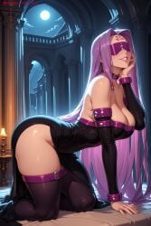 1girl ai_generated bare_shoulders black_dress black_legwear blindfold boots breasts cleavage collar detached_sleeves dress facial_mark fate_(series) forehead_mark full_moon hand_on_own_cheek hi_res high_quality high_resolution indoors kiraamane kneeling large_breasts lips long_hair medusa_(fate) moon parted_lips patreon purple_hair rider seductive sexy shiny shiny_skin short_dress smile solo strapless strapless_dress thighhighs uncensored very_long_hair watermark