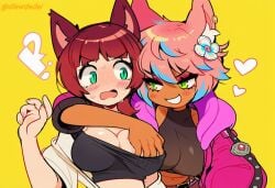 2girls ai_assisted ai_generated blush dlewdedai final_fantasy_xiv groping groping_breasts imminent_sex miqo'te surprised warrior_of_light_(ff14) yaana yuri