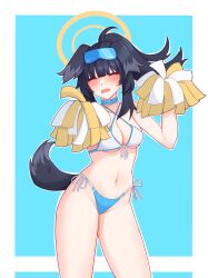 1girls black_hair blue_archive blue_background blue_bikini blue_collar blush cheerleader cheerleader_uniform cleavage closed_eyes collar dancing dog_collar dog_ears dog_girl dog_tail embarrassed female female_only glasses_on_head halo hibiki_(blue_archive) hibiki_(cheerleader)_(blue_archive) large_breasts long_hair open_mouth pom_pom_(cheerleading) pyruvate shy speech_bubble thighs visor_glasses wavy_mouth white_bikini white_panties