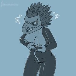 1:1 3_fingers alien anthro avian beak black_and_blue bodily_fluids bodysuit breasts clothed clothed_anthro clothed_female clothing feather_hair feathered_crest feathers female female_anthro fingers halo_(series) head_crest hi_res kig-yar microsoft monochrome nipples non-mammal_breasts non-mammal_nipples pseudo_hair scalie sharp_teeth silvrsterlng skinsuit solo standing sweat sweatdrop t'vaoan teeth tight_clothing xbox_game_studios zipper zipping_up