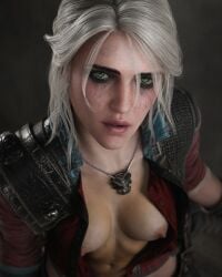 1girls ai_generated breasts cd_projekt_red ciri female freckles freckles_on_face green_eyes light-skinned_female light_skin looking_at_viewer mascara nipples qintin running_mascara runny_makeup scar solo solo_female the_witcher_(series) the_witcher_3:_wild_hunt white_hair witcher_medallion