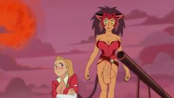 1futa 1girls adora animal_humanoid cat_ears cat_tail catra cleavage corset embarrassed female force_captain_badge fright_zone futanari horde_symbol_(she-ra) masters_of_the_universe penis penis_slip screenshot_edit she-ra_and_the_princesses_of_power silverfox12 straight_hair tail third-party_edit veiny_penis