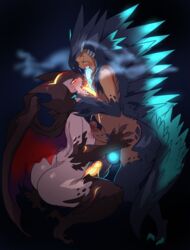 black_hair blue_hair brown_hair dark_background femboy gay gay_male godzilla godzilla_(series) kaiju lightsource looking_down male monster monster_boy neck_grab orange_eyes pleasure_face red_eyes scales wings yaoi