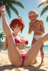 age_difference ai_generated beach big_breasts bikini blue_eyes blue_sky demonstration exhibitionism feet flexible funny grandpa legs_up looking_at_viewer old_male old_man older_male older_male_and_younger_female original_character palm_tree peeping pink_bikini red_hair seated smile smiling smiling_at_viewer spread_legs spreading staring sunny