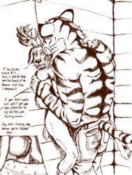 absurd_res against_wall anal anal_sex antlers anus arm_grab balls beastars bill_(beastars) bodily_fluids bottomwear cervid cervine clothing cutaway dialogue drooling duo english_text face_lick felid genitals hi_res horn jerrydamato larger_male licking louis_(beastars) male male/male mammal monochrome muscular muscular_male nipples pantherine pants penetration penile_spines penis profanity prosthetic prosthetic_leg prosthetic_limb red_deer saliva shoulder_grab signature size_difference striped_body striped_tail stripes text tiger tongue tongue_out traditional_media_(artwork) wallet whiskers