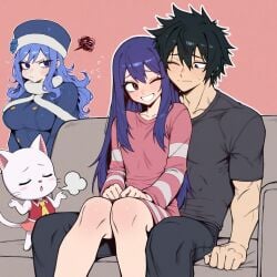 1boy 3girls black_hair blue_hair blush carla_(fairy_tail) cat clothed cute cute_face fairy_tail friends gray_fullbuster jealous jealous_female juvia_lockser naughty no_sex older_male one_eye_closed pouting purple_hair seated shrug sigh smile tail wendy_marvell younger_female
