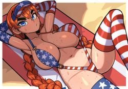 1girls 2026 american_flag_bikini bbtan braids huge_breasts judy_(bbtan) looking_at_viewer red_hair slingshot_bikini tagme