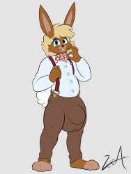 3:4 absurd_res anthro balls_outline big_bulge biped blonde_hair blue_eyes bottomwear bow_(feature) brown_body brown_fur bulge clothed clothing detailed_bulge digital_media_(artwork) feet fur genital_outline hair hi_res huge_bulge lagomorph leporid looking_at_viewer male male_anthro mammal pants paws rabbit shirt signature simple_background smile solo suspenders tail teeth topwear vexter_arts