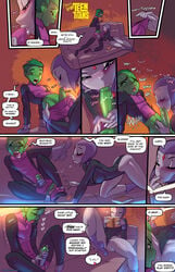 1boy 1girls beast_boy blowjob blushing book cameltoe coach comic dc dc_comics dcau demon_girl erection exposed_penis fellatio female forehead_jewel fred_perry garfield_logan green_hair green_penis green_skin highres male metahuman pointy_ears purple_hair purple_skin rachel_roth raven_(dc) speech_bubble superhero superheroine teen_titans tight_clothes tight_clothing tights