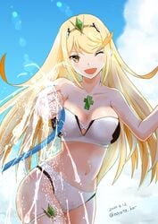 1girls :d bikini blonde_hair breasts chest_jewel cleavage cowboy_shot day female highres hikari_(xenoblade_2) hose large_breasts long_hair mythra navel nayuta-knt nintendo one_eye_closed open_mouth outdoors sky smile solo strapless strapless_bikini swimsuit thigh_strap water white_bikini xenoblade_(series) xenoblade_chronicles_2 yellow_eyes