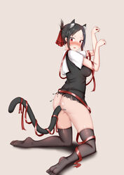 1girls anal_insertion animal_tail ass black_hair blush cat_ears cat_pose embarrassed exposed_ass female female_only hairband kaguya-sama_wa_kokurasetai_~tensai-tachi_no_renai_zunousen~ kneeling posing red_eyes ripped_clothing seisen shinomiya_kaguya stockings tail_plug tied_hair