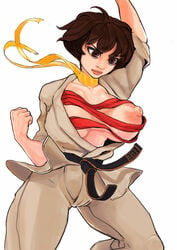 alternate_breast_size bandage bandages big_breasts big_nipples brown_eyes brown_hair female female_only huge_breasts karate karate_gi kokman makoto_(street_fighter) street_fighter tomboy