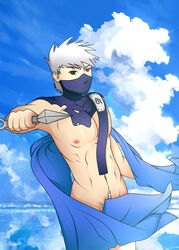 1boy abs bed_sheet breasts brown_eyes hatake_kakashi knife kunai looking_at_viewer male male_only mask naked naruto naruto_(series) naruto_shippuden nipples pecs pubes pubic_hair red_eyes sea sexybabe1992 sharingan sky solo solo_focus solo_male topless white_hair wind