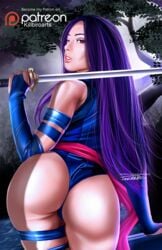 1girls apple_butt ass back_view betsy_braddock big_ass big_butt clothing dat_ass elbow_gloves elizabeth_braddock female female_only huge_ass huge_butt katana killbiro kwannon looking_at_viewer looking_back marvel marvel_comics mutant psylocke purple_hair solo straight_hair superheroine sword thick_thighs thighhighs x-men