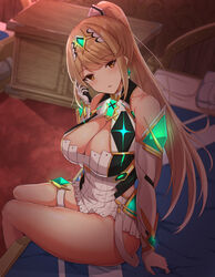 alternate_hairstyle bangs bare_shoulders bed bed_sheet blonde_hair blush breasts chest_jewel cleavage cleavage_cutout dress earrings elbow_gloves eyebrows_visible_through_hair female gem gloves hair_ornament hair_tie headpiece high_ponytail highres hikari_(xenoblade_2) jewelry lamp large_breasts long_hair looking_at_viewer mythra nintendo noeomi on_bed open_mouth pillow ponytail short_dress sitting sitting_on_bed solo swept_bangs thigh_strap thighs tiara very_long_hair white_dress xenoblade_(series) xenoblade_chronicles_2 yellow_eyes