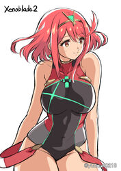 1girls bangs bare_arms bare_shoulders black_swimsuit blush breasts chest_jewel competition_swimsuit earrings female highres jewelry large_breasts nintendo one-piece_swimsuit pyra red_eyes red_hair short_hair simple_background solo swept_bangs swimsuit tiara twitter_username white_background xenoblade_(series) xenoblade_chronicles_2 yuuuun0218