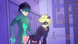 2boys adrien_agreste alternate_version_available anal animated blonde_hair blush bodysuit cat_ears cat_noir gay ladybug_(character) luckylui luka_couffaine male_penetrating marinette_cheng marinette_dupain-cheng miraculous_ladybug skin_tight standing_sex viperion yaoi