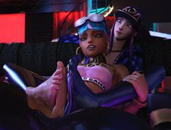 1futa 1girls 3d akali alternate_costume aqua_hair barefoot dark-skinned_female dawadd dickgirl erection eyelashes eyewear_on_head feet female female_on_futa foot_fetish footjob fringe futanari futasub hair_bun hoop_earrings k/da_akali k/da_series league_of_legends penis petite pink_hair purple_eyeshadow purple_lipstick purple_toenails qiyana_yunalai riot_games sunglasses_on_head teenager toes true_damage_qiyana true_damage_series two_tone_hair yellow_eyes