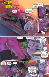 1boy 1girls beast_boy book coach comic dc dc_comics dcau demon_girl dialogue erection erection_under_clothes female forehead_jewel fred_perry garfield_logan green_hair green_skin highres male metahuman penis_lick penis_under_clothes purple_hair purple_skin rachel_roth raven_(dc) speech_bubble superhero superheroine teen_titans tight_clothes tight_clothing tights