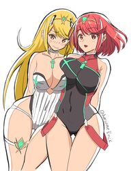 2girls arms_behind_back awesomeerix bangs bare_shoulders blonde_hair blush breast_press breasts check_commentary cleavage commentary commentary_request competition_swimsuit covered_navel dual_persona earrings english_commentary eyebrows_visible_through_hair gem hair_ornament highres jewelry large_breasts looking_at_viewer multiple_girls multiple_persona mythra nervous nintendo one-piece_swimsuit pose pyra red_eyes red_hair short_hair shy sidelocks simple_background skindentation smile standing swept_bangs swimsuit thick_thighs thigh_gap thigh_strap thighs white_background xenoblade_(series) xenoblade_chronicles_2 yellow_eyes