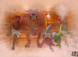 4boys activision anthro barefoot blush crash_(series) feet group hi_res jetto2 komodo_joe male male/male male_only nude pinstripe_potoroo ripper_roo sauna steam tiny_tiger tongue tongue_out towel towel_only