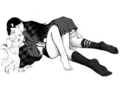 2girls between_legs bleach blush breasts burn_the_witch feet female female_only fran_(pixiv) highres horn lesbian long_hair looking_at_another looking_at_partner monochrome ninny_spangcole noel_niihashi pinned_down saliva saliva_string saliva_trail skirt small_breasts socks thigh_strap tongue tongue_out twintails white_background yuri