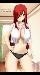 anderson93 black_panties blush breasts cleavage erza_scarlet fairy_tail gaston18 no_bra panties panties_only red_hair thick_thighs thin_arms topless topless_female towel towel_around_neck towel_over_breasts wide_hips