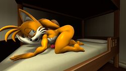 3d bed bending_over bent_over blue_eyes darksorm eyes_half_open fox_ears male male_only penis solo sonic_(series) tails thick_thighs