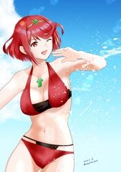 1girls :d alternate_costume bangs bikini black_bikini breasts chest_jewel cleavage cowboy_shot day female highres large_breasts navel nayuta-knt nintendo one_eye_closed open_mouth outdoors pyra red_bikini red_eyes red_hair short_hair sky smile solo splashing swept_bangs swimsuit tiara xenoblade_(series) xenoblade_chronicles_2